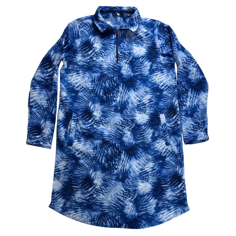 Lands End Tie Dye Fleece Quarter Zip Dress Women M lounge night gown Long Sleeve